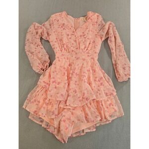 Mi Ami Floral Romper Womens XS Pink Alma Long Sleeve Tiered Ruffle V-Neck Tie